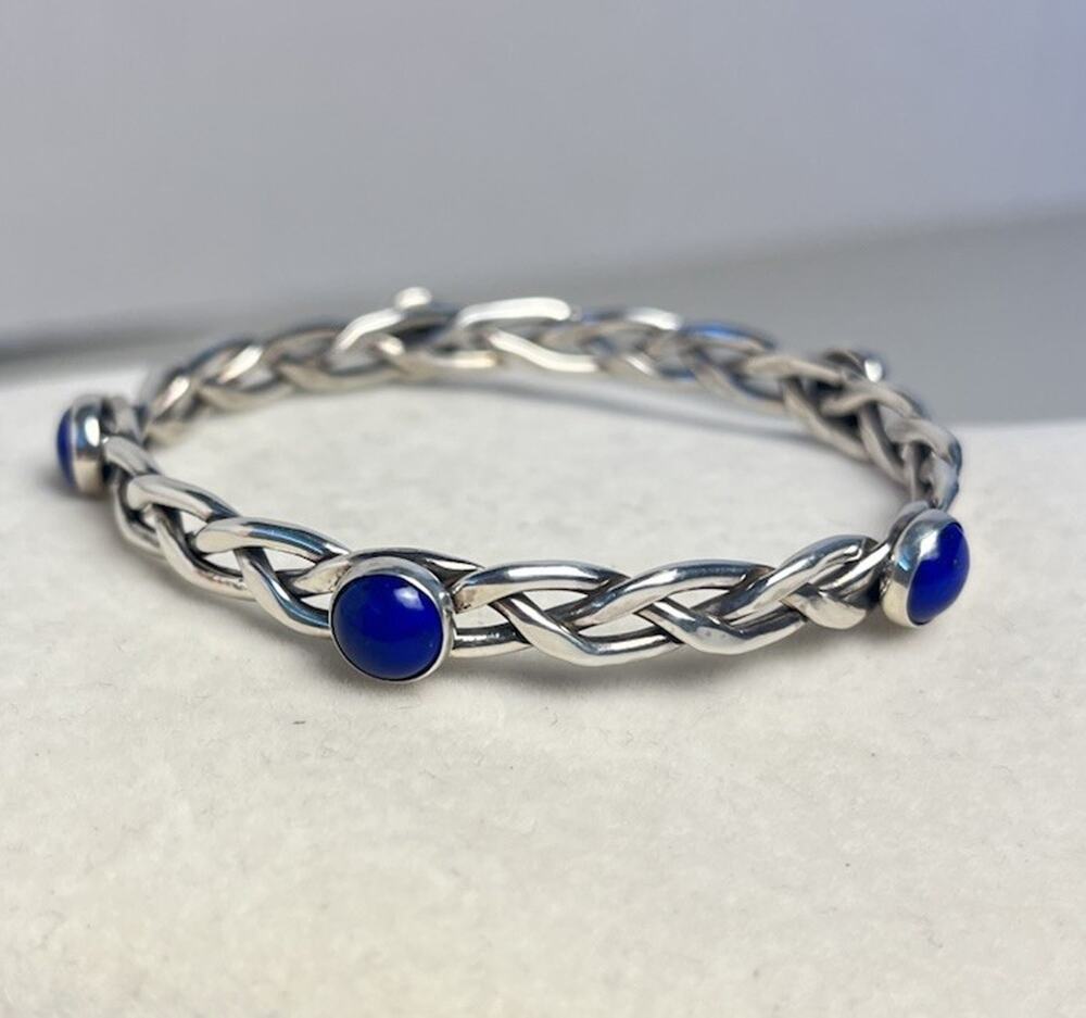 Sterling Silver Woven Link Bracelet Bangle Lapis Lazuli Cabochon 925 23g 7.75"
